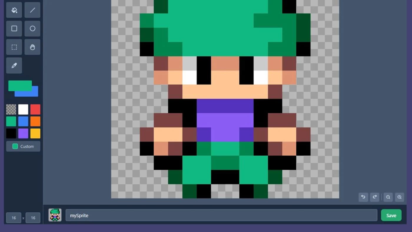 The sprite editor with a pixel-art character wearing a green hat