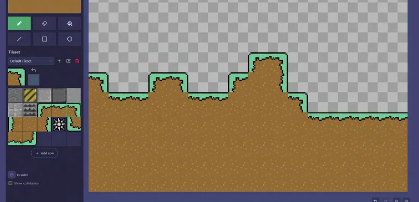 The tilemap editor with a grass-topped dirt level painted across the canvas